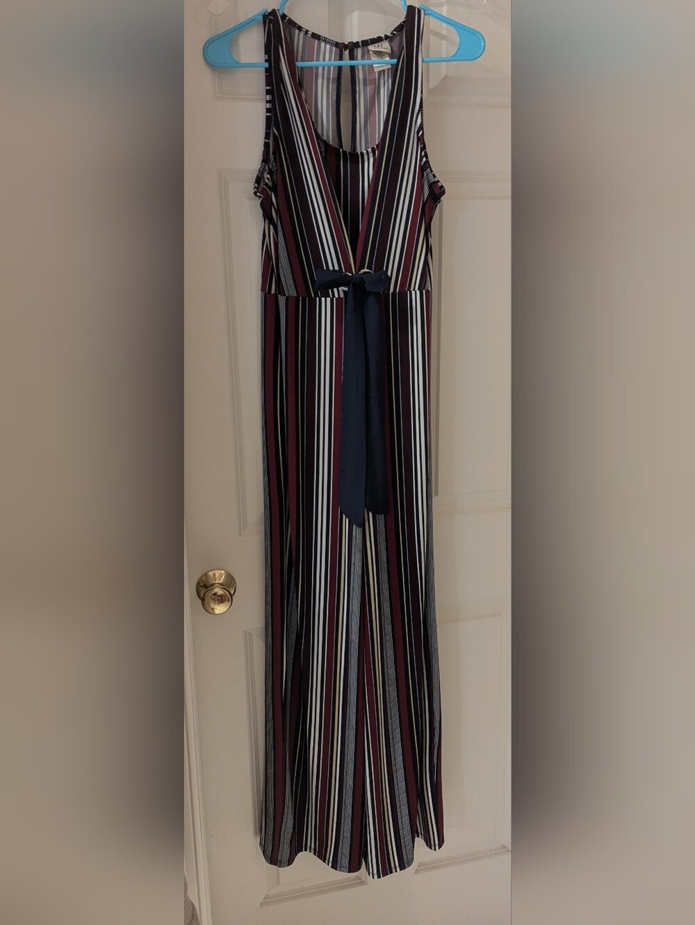 Wrapper Striped Jumpsuit in Navy & Wine Size Large Like New